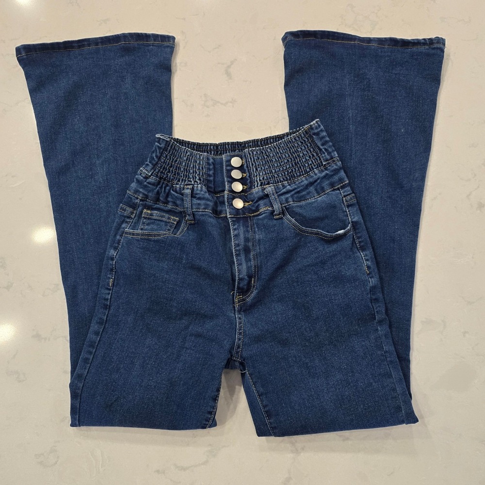Unbranded High Waisted Smocked Waist Flare Jeans Dark Wash Size M 4-Button Fly